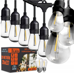 Girlanda Ogrodowa LED Łańcuch Świetlny 20M 20X Żarówka LED E27 Wodoszczelna