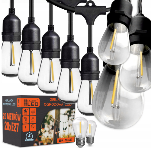 Girlanda Ogrodowa LED Łańcuch Świetlny 20M 20X Żarówka LED E27 Wodoszczelna