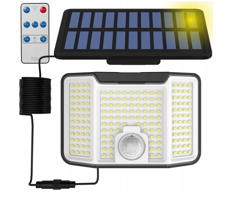 Lampa Solarna LED Czujnik Ruchu Zmierzchu Naświetlacz Zewnętrzny + Pilot
